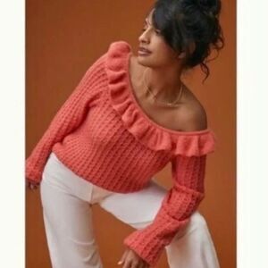 Anthropologie Ruffled Boat Neck Sweater Women’s size XS Wool Blend Pink NWT